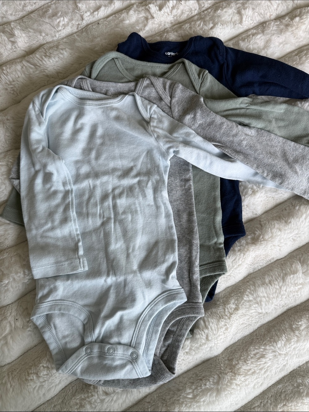 Carters Long-Sleeve Baby Onesies - Blue, Gray, Green, Navy (4 Pack)